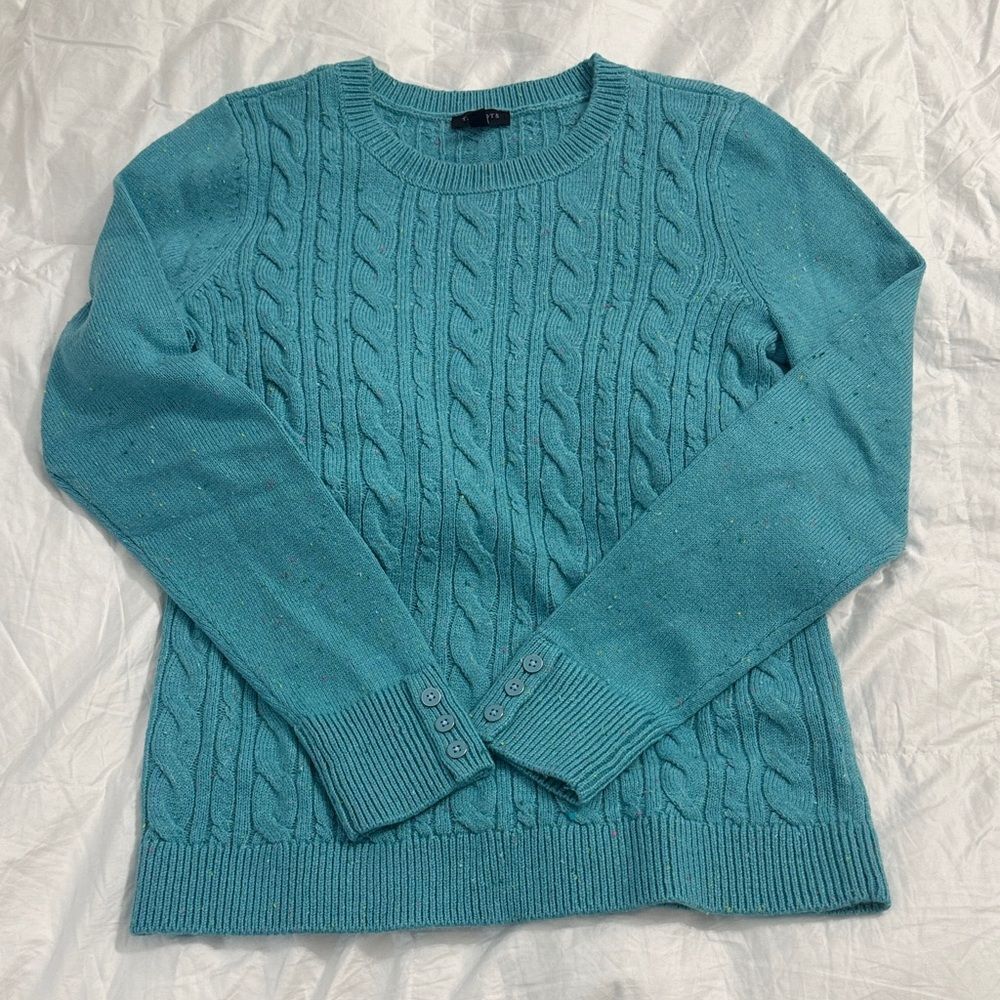 Talbots Cable Knit Sweater Teal Flecked Button Cuff | Small